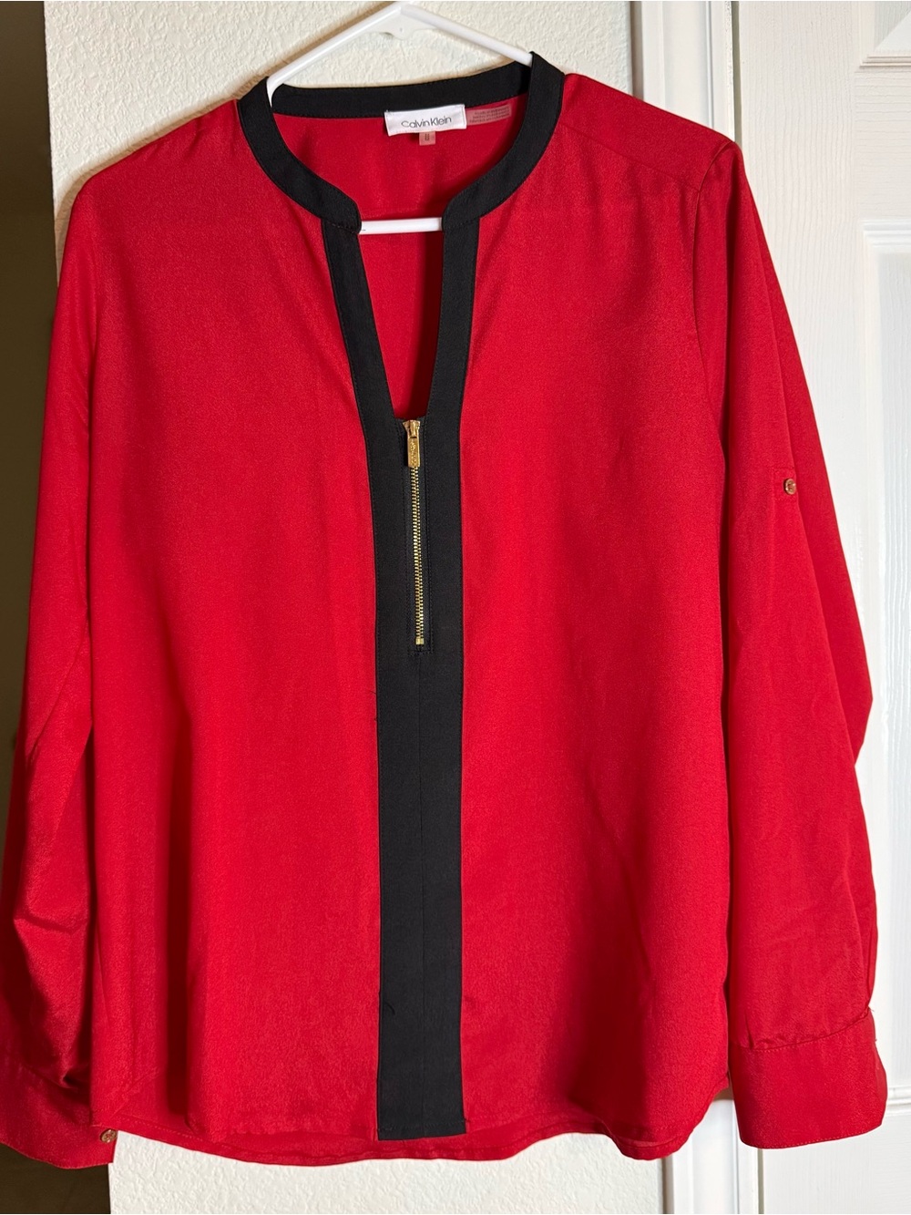 Calvin Klein Red Blouse with Black Contrast and Gold Zip